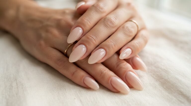 Close-up of delicate hands with perfectly sculpted almond nails featuring a luminous milky glazed finish against white fabric.