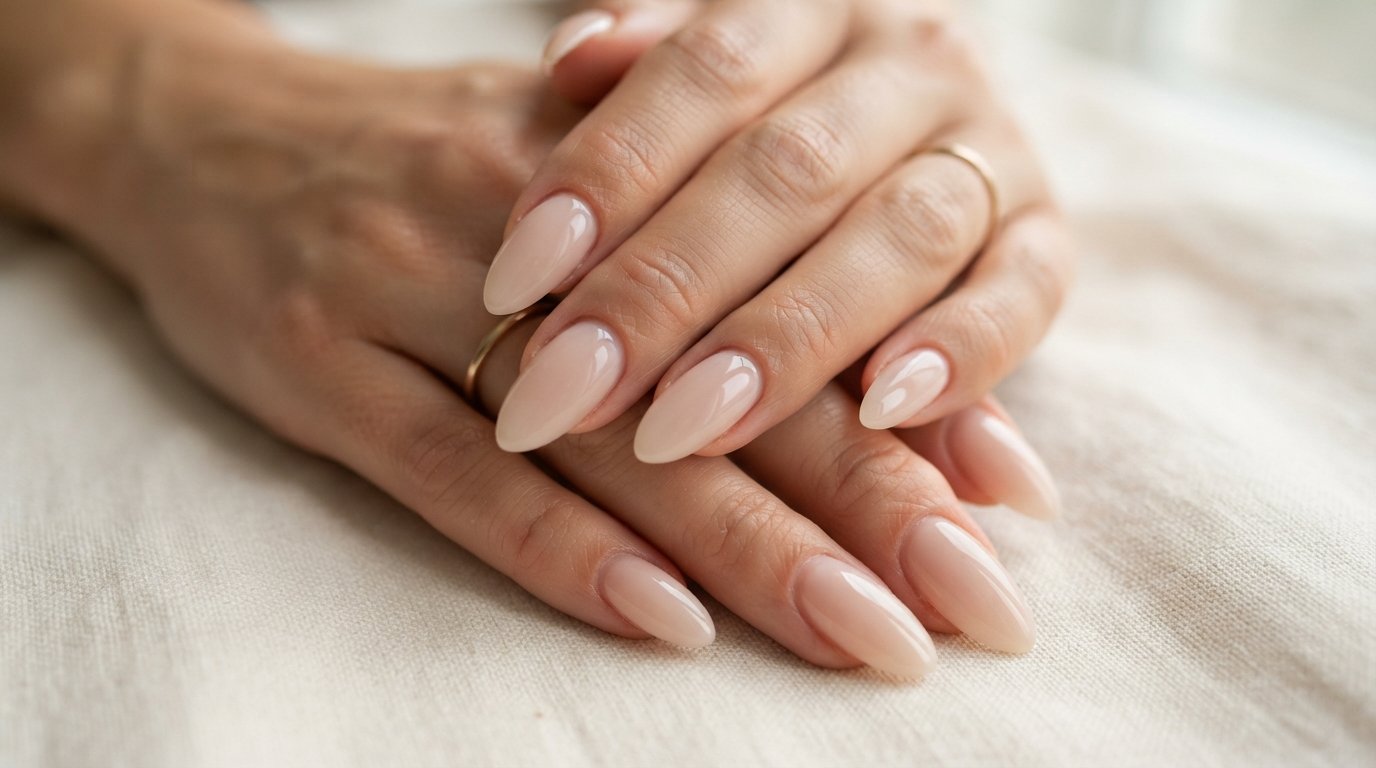 Close-up of delicate hands with perfectly sculpted almond nails featuring a luminous milky glazed finish against white fabric.