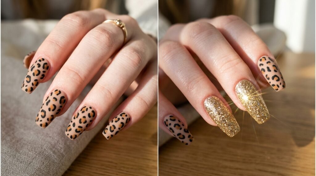 Close up showing contrast between matte leopard print and glossy gold glitter on white-skinned coffin nails.
