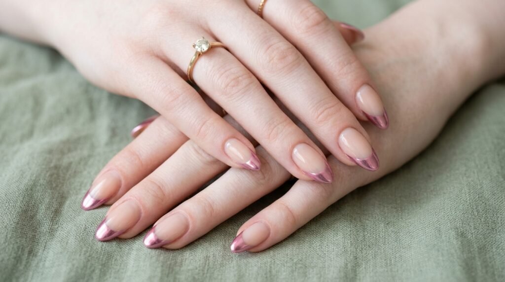 An 18-year-old female hand with smooth white skin showing almond nails with nude bases and pink chrome French tips.