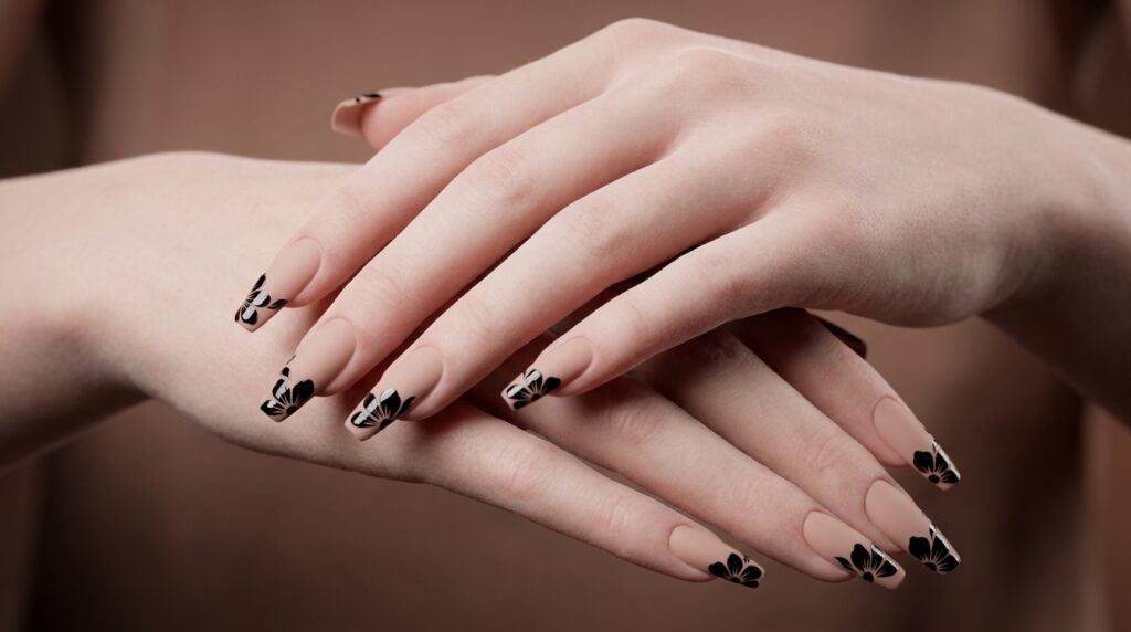 Two stacked female hands with smooth white skin showing matte and glossy contrast nail art.