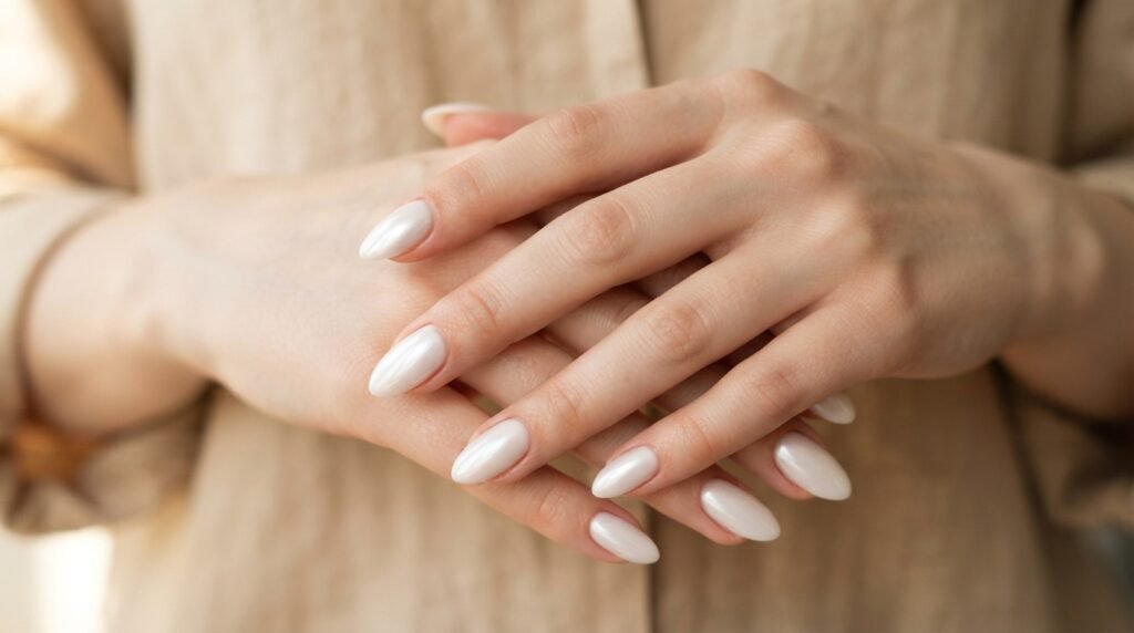 Interlaced female hands displaying elegant milky white glazed almond nails against a beige linen background.