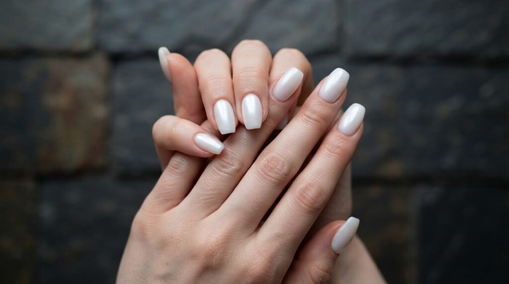 Interlaced hands with soft coffin-shaped milky white glazed nails against dark grey slate tiles.