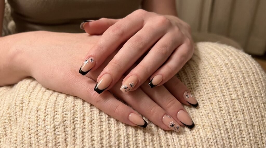 Clasped female hands displaying black French tip coffin nails with micro floral art.