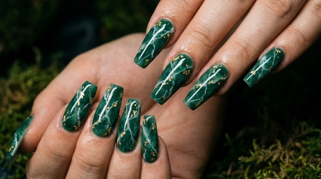 Long coffin nails featuring a dark jade green marble design with delicate gold foil accents.