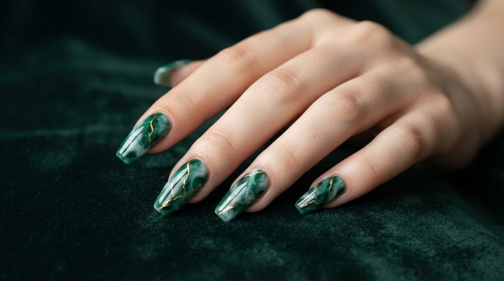 Close-up of coffin nails with green jade marble art and gold details on fair skin.