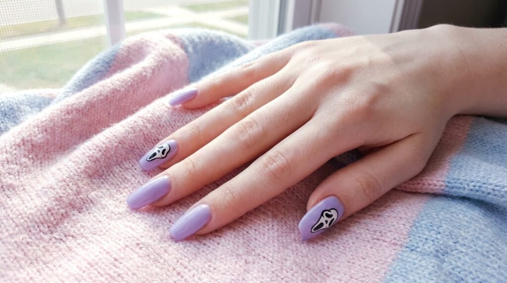 Short round pastel lavender nails with cute ghostface mask art on a young female hand with fair skin.