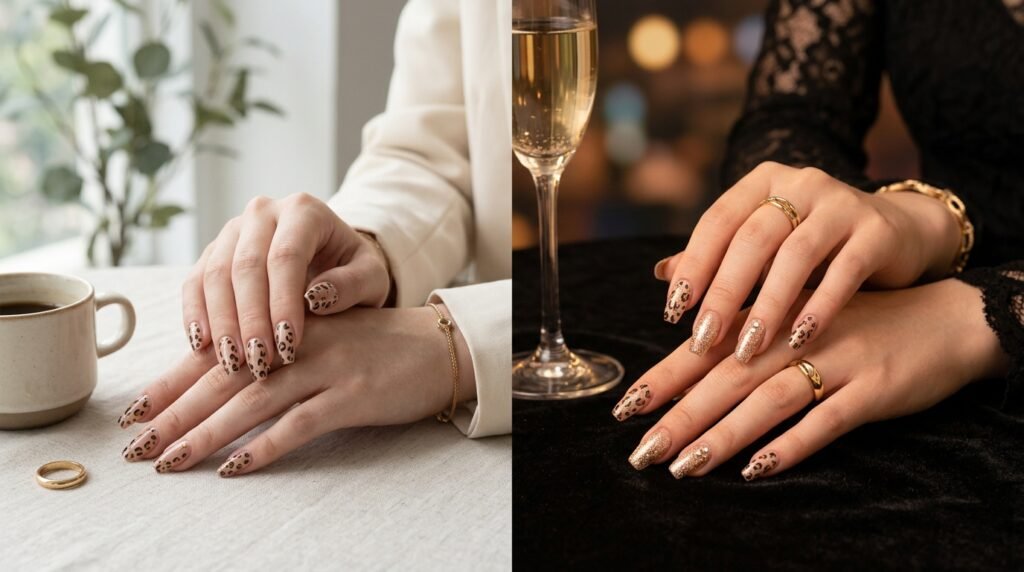 Leopard print coffin nails with nude, gold glitter, and rhinestone accents styled for day and night.