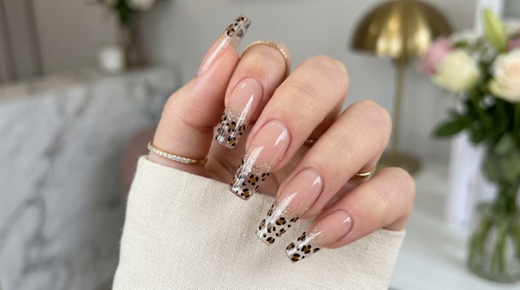 Nude-to-clear ombre coffin nails featuring leopard print tips and fine gold glitter along the transition line