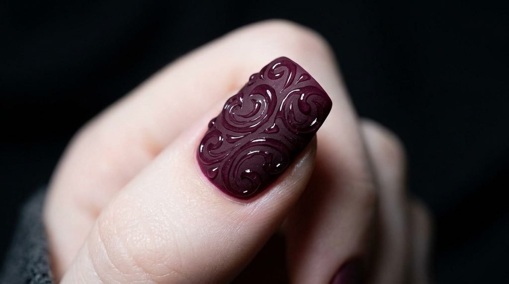 Extreme macro shot of an 18-year-old female finger with white skin showing raised glossy gel swirls over a matte plum nail.