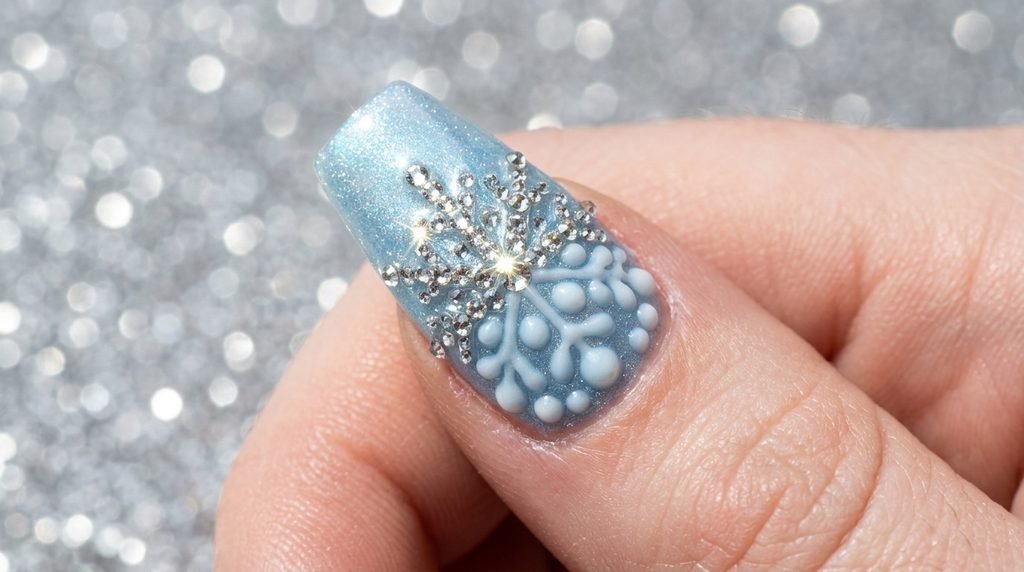 Macro close-up on a snowflake nail showing intense glass crystal facets and duller acrylic stones.