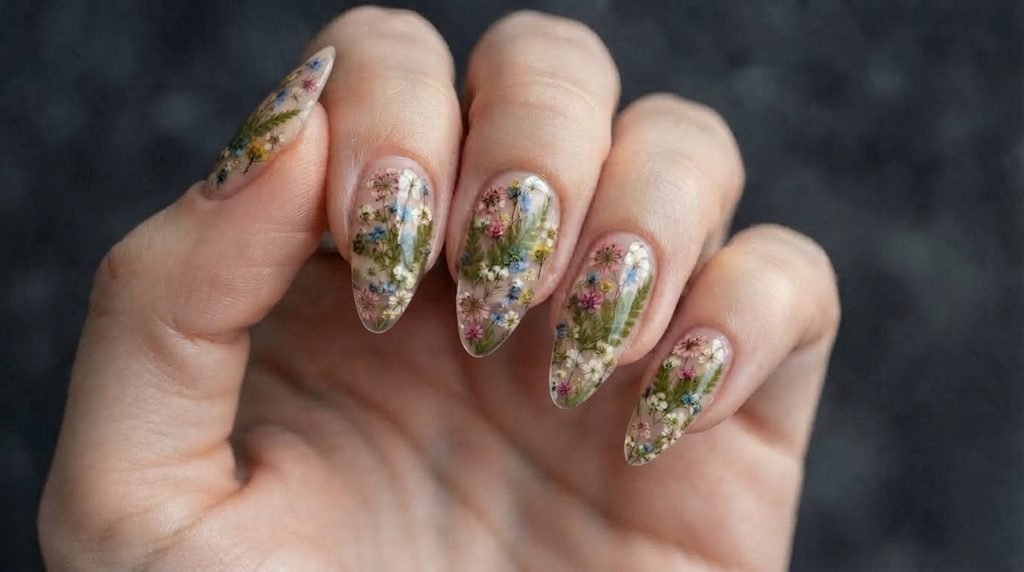Macro photograph of a perfectly smooth gel nail encapsulating dried flower stems over dark charcoal.