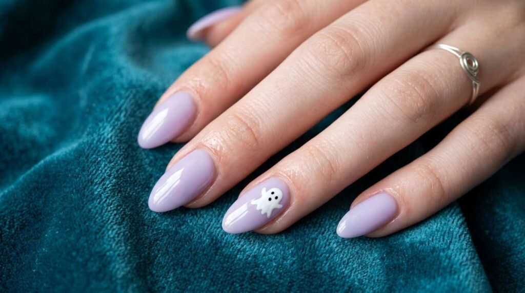 Tapered coffin nails featuring a soft white, yellow, and peach gradient on a female hand with very white skin.