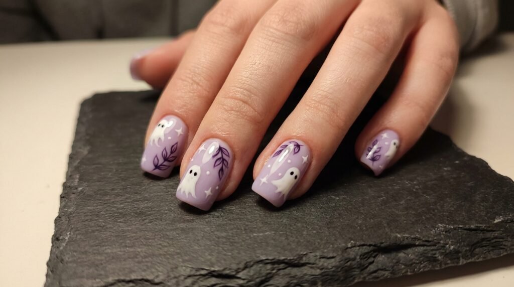Medium square lavender nails with white specters and dark purple leaf outlines on white skin.