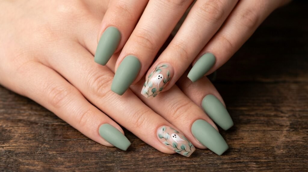 Matte sage green coffin nails paired with ghost and eucalyptus accent nails on white skin.