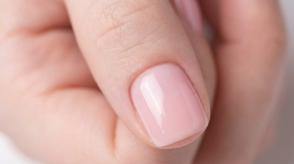 Macro photograph showing pristine gel polish cuticle perimeter on smooth white skin finger.