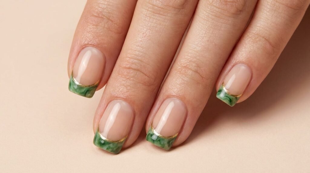 Short square nails with nude base polish and jade green marble pattern French tips.