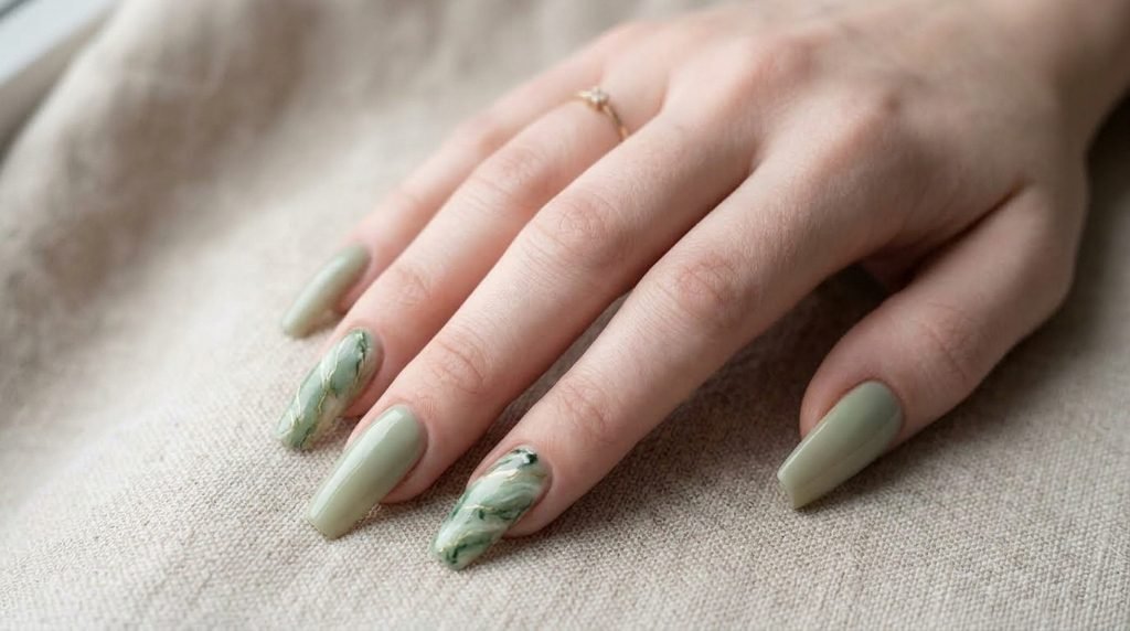 Manicure combining jade green marble nails with solid cream accents.