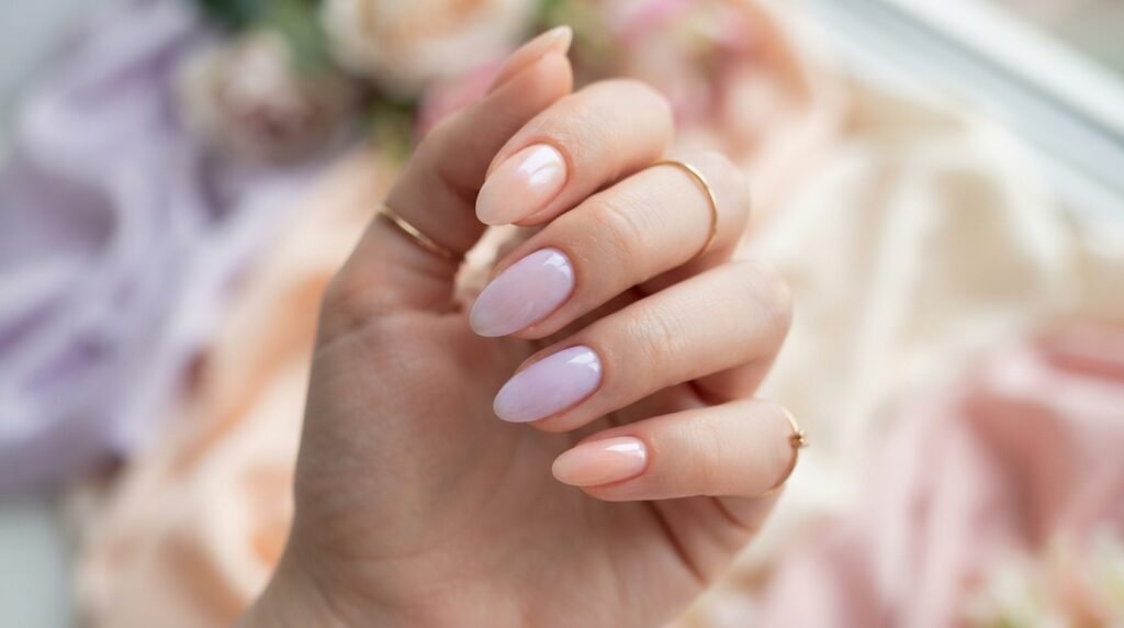 Close-up of a female hand featuring a combination of milky peach and lavender glazed almond nails.