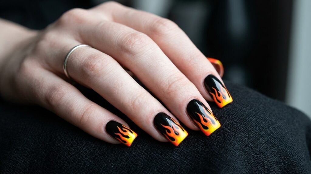 Square nails with neon orange flame French tips over black polish on white hand.