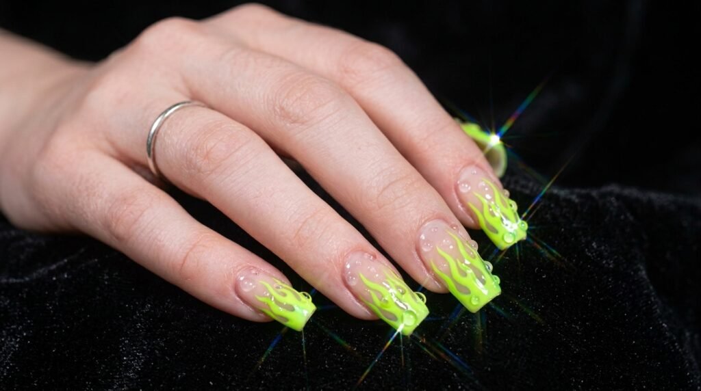 3D clear gel droplets over neon green flame nail art on coffin nails on white hand.