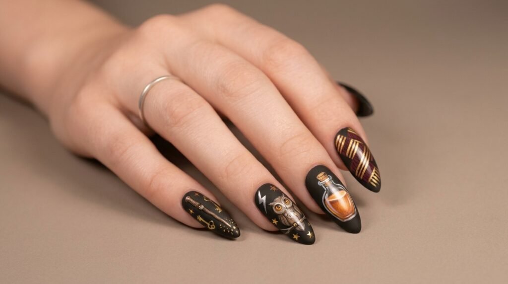 Close-up of an 18-year-old female hand with very white skin showing fantasy wizard nail art on long almond nails