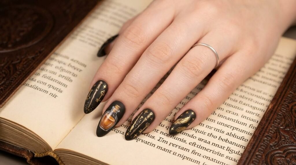 Young 18-year-old female hand with very white skin showing matte black fantasy wizard nail art over a book.