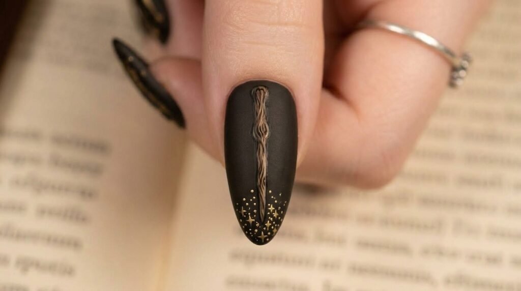 Extreme close-up of an 18-year-old female hand with very white skin featuring a detailed painted magic wand on a nail.