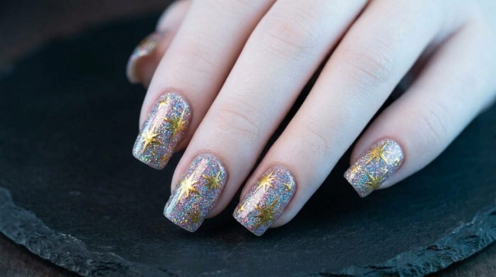Sharp stiletto nails with silver lightning bolts on an 18-year-old female hand with very white skin.