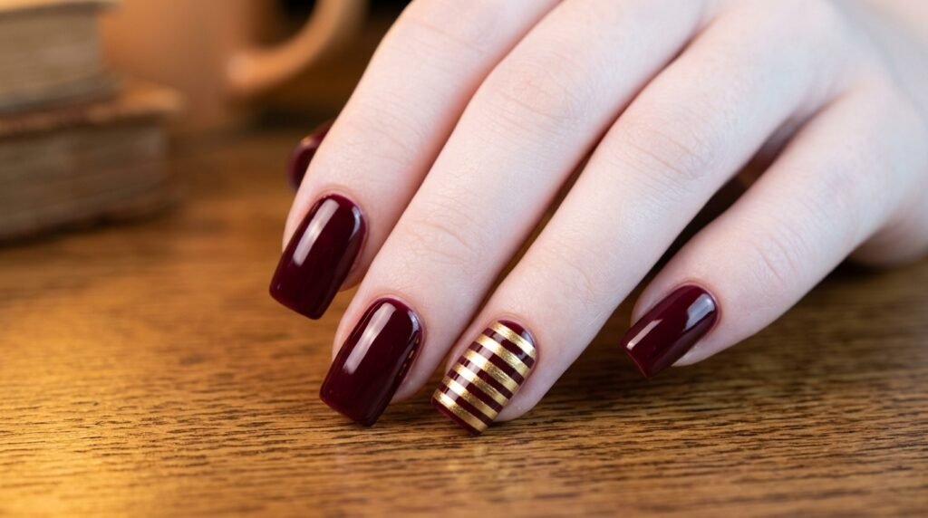 Burgundy square nails with a gold and burgundy striped accent nail on an 18-year-old female hand with very white skin.