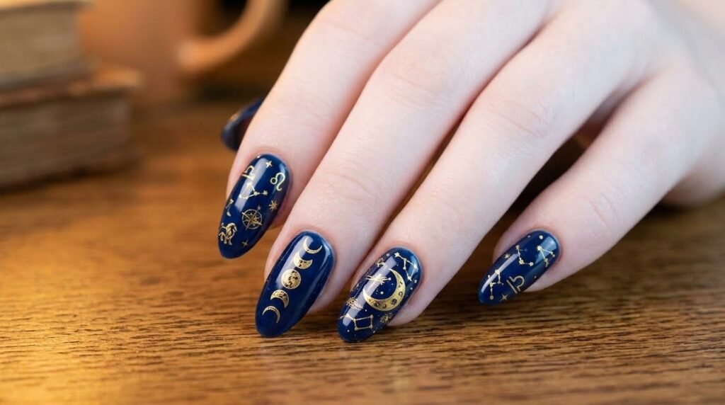 Gold celestial constellation line art on long midnight blue almond nails on a female hand with very white skin.