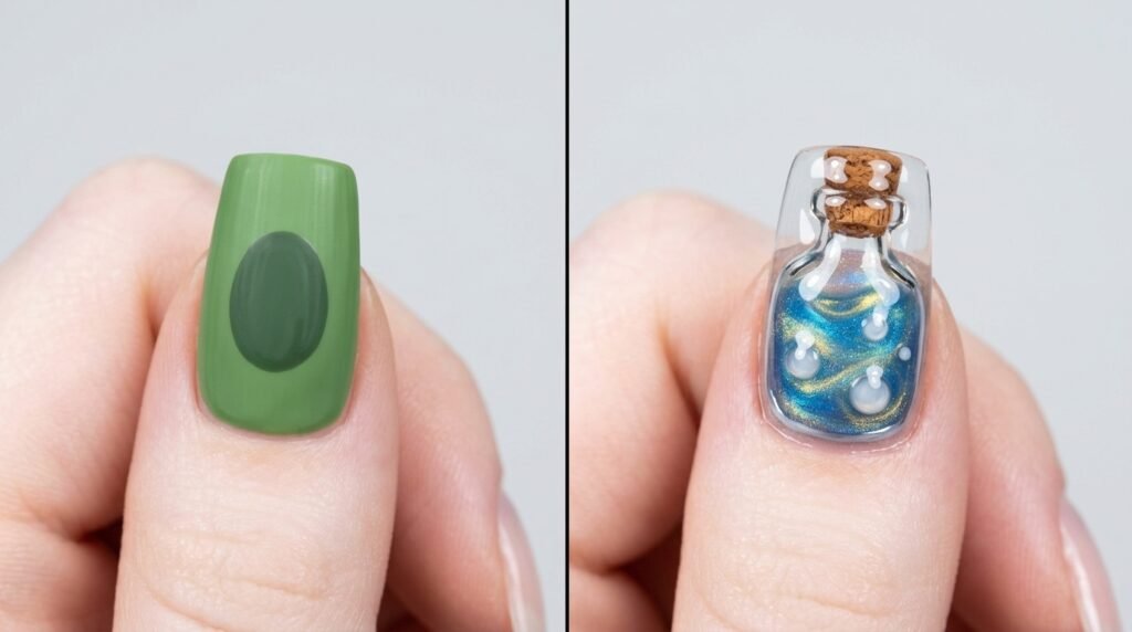 Step-by-step close-up of painting a green potion bottle on a square nail on an 18-year-old hand with white skin.