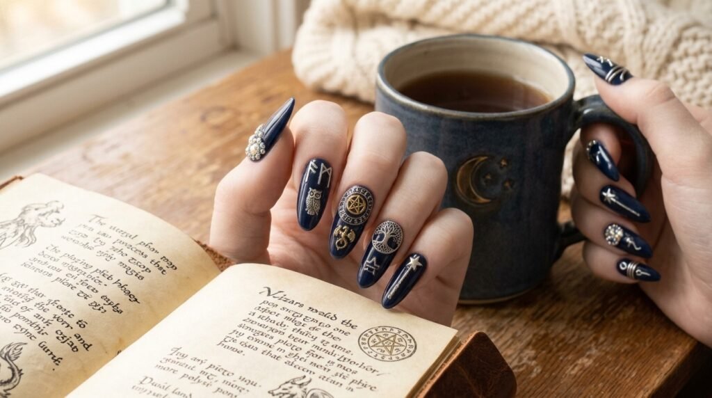 An 18-year-old female hand with white skin and wizard nail art holding a mug next to a book.