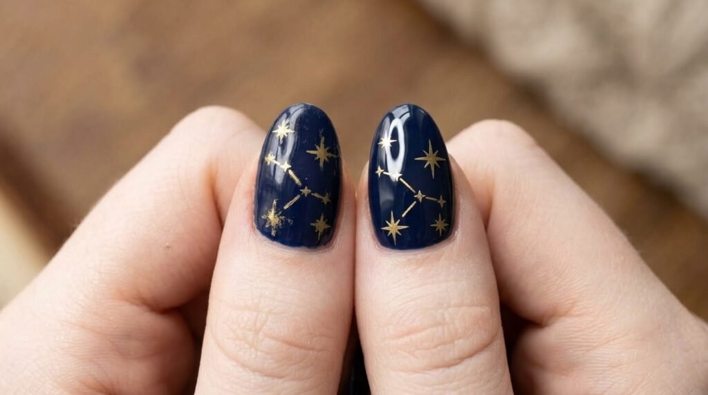 Side-by-side comparison of smudged regular polish versus crisp gold gel nail art on white skin.