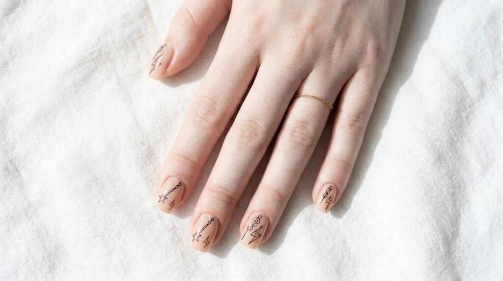 Minimalist black line art of wands on nude square nails shown on an 18-year-old hand with white skin.