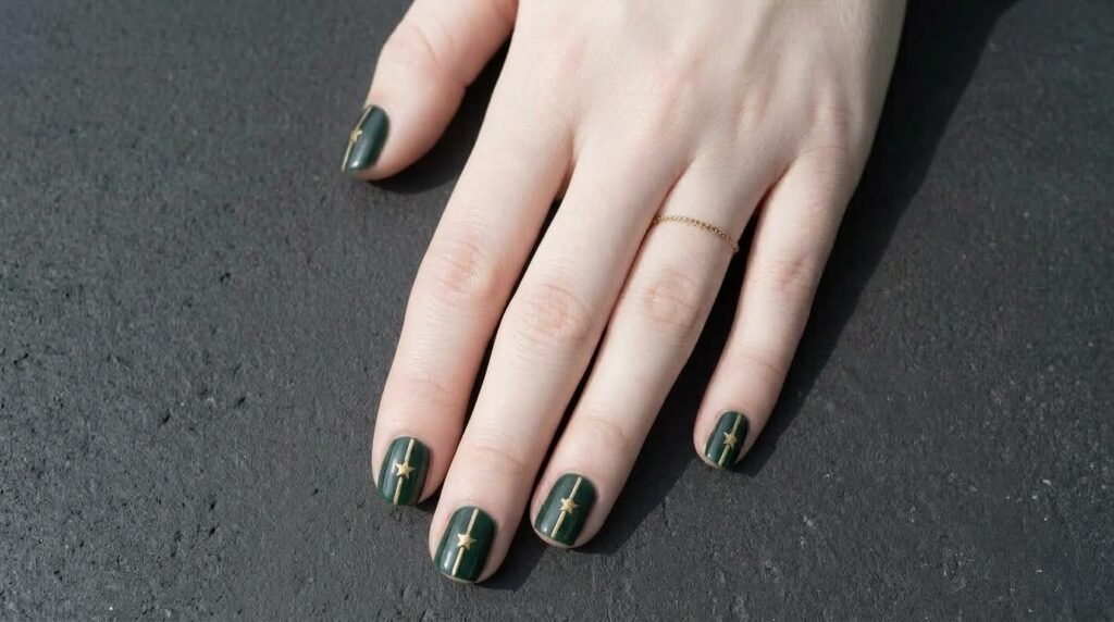 Minimalist gold stars on short forest green natural nails on an 18-year-old female hand with white skin.