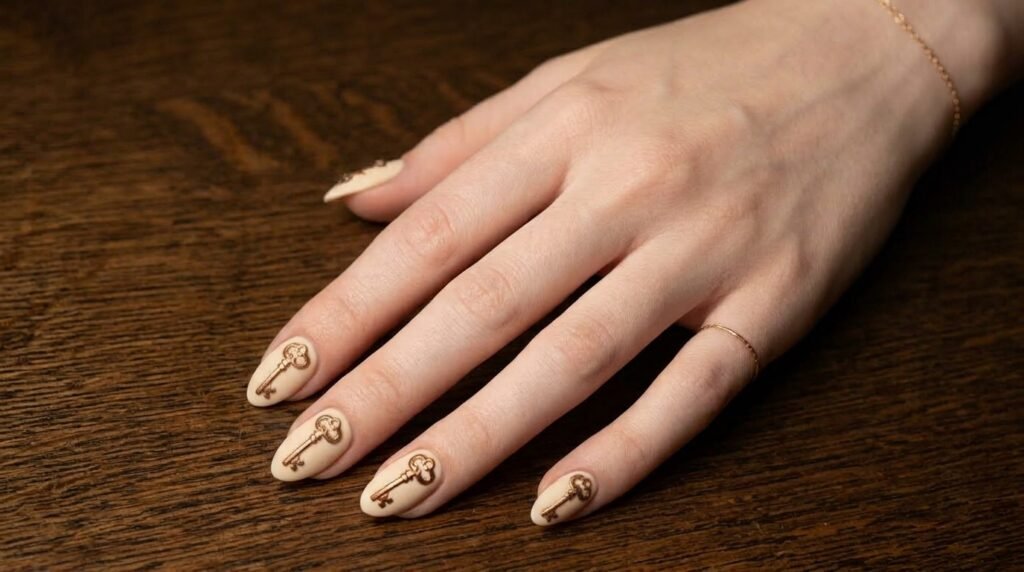 Bronze skeleton key art on a matte cream almond nail shown on an 18-year-old female hand with white skin.