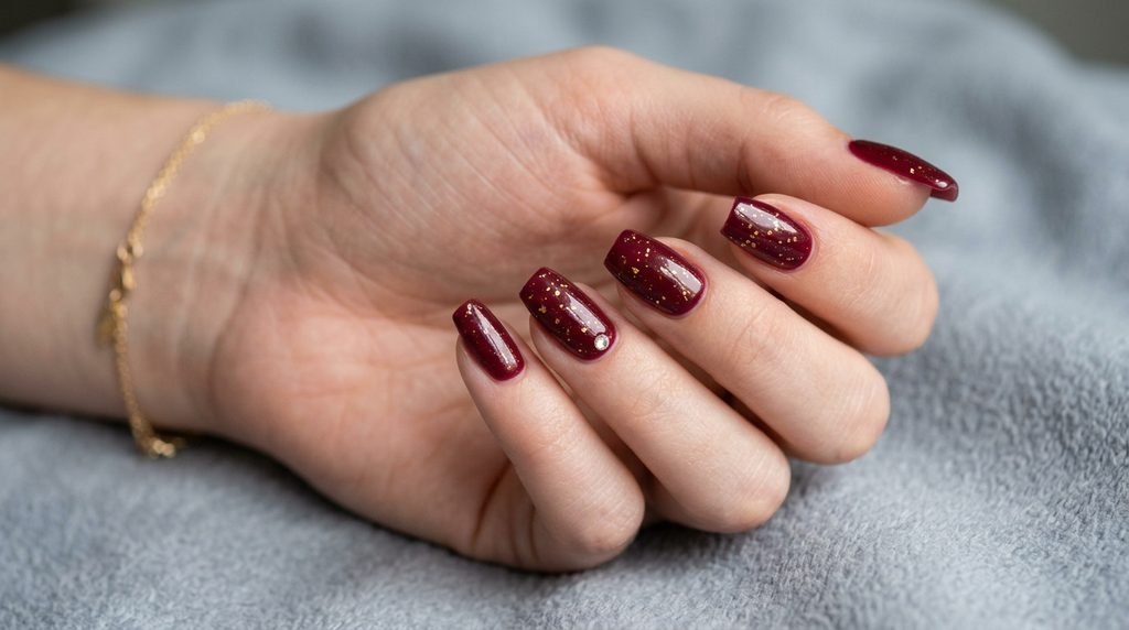 Short wine-red coffin nails with gold flecks on an 18-year-old white female hand against a slate gray backdrop.