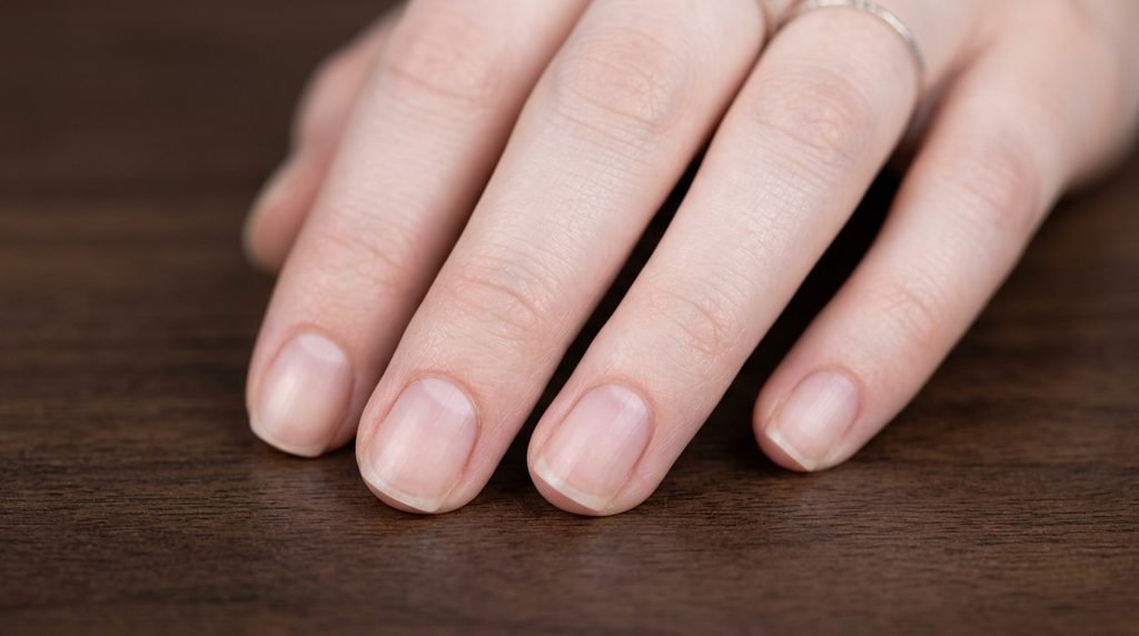 Clean prepped natural nails with pushed-back cuticles resting on a dark wooden background on a hand with very white skin.