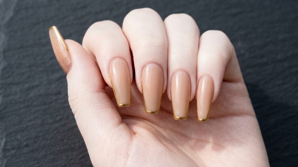 Close-up of very white skin female hand with coffin shaped nails featuring sheer nude polish and precise thin gold outlines.