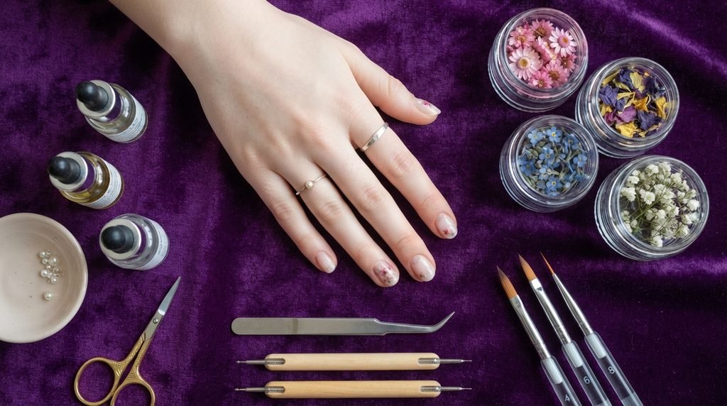 Nail art tools including fine tweezers and brushes arranged around manicured hands over royal purple velvet.