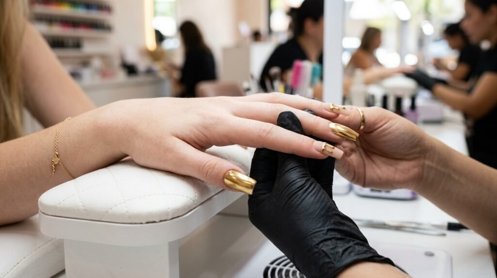 An 18-year-old female hand with very white skin displaying square nude and gold chrome nails at a salon cushion.