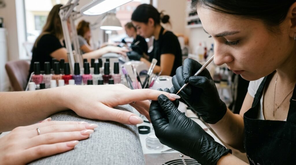 Nail technician hand painting intricate white lace nail art onto a client with very white skin using a thin brush.