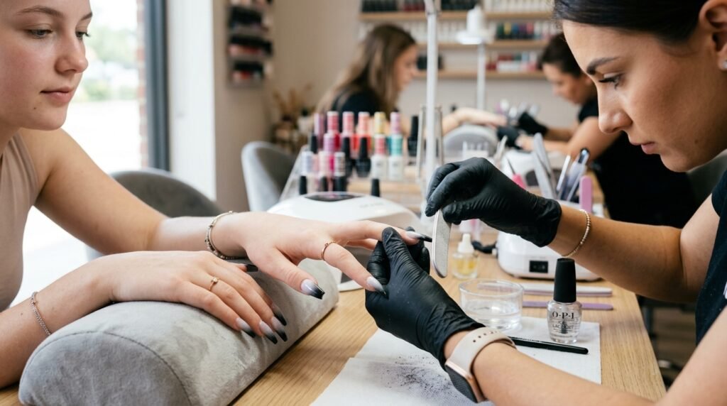 A manicurist working on a client's long black and white gradient coffin nails at a salon station.