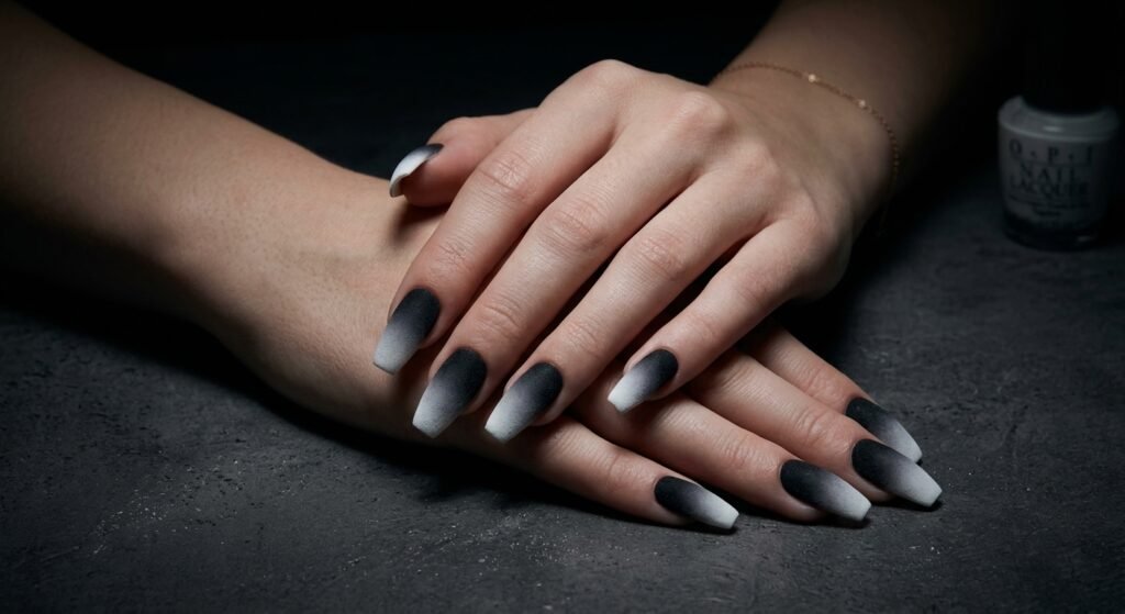 A hand featuring matte black and white gradient coffin nails against a grey concrete background.