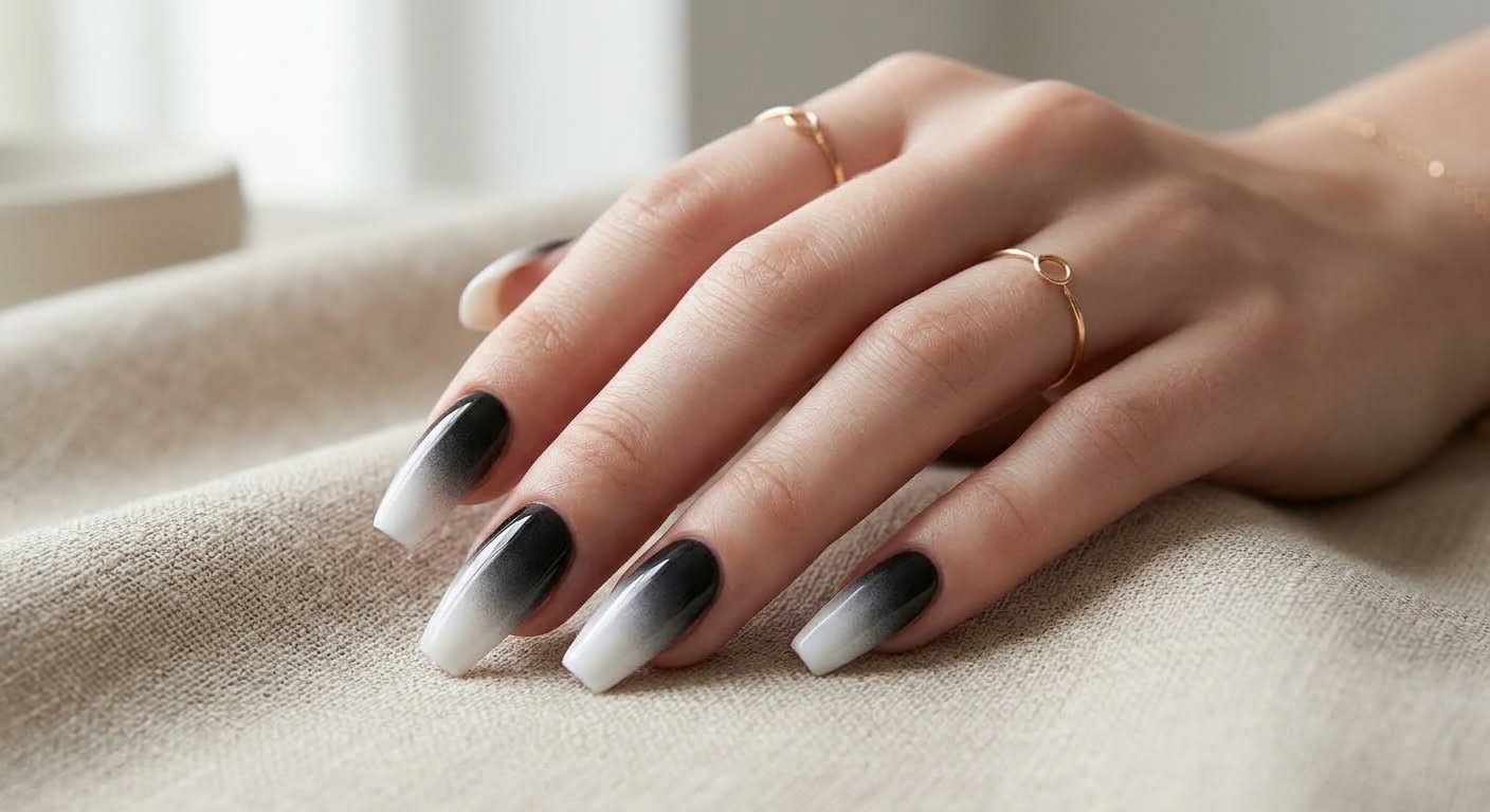 Close-up of a hand with long coffin nails featuring a black to white gradient ombré finish.