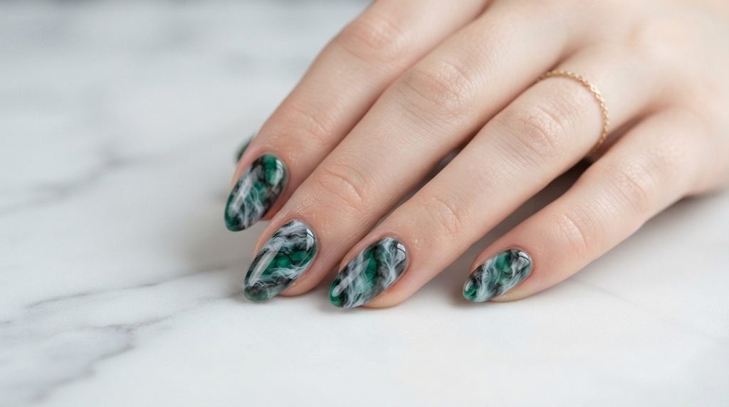 Layered dark green and charcoal marble nail design up close.