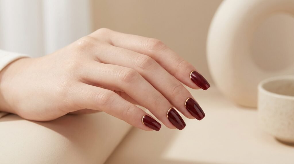 Short maroon coffin nails featuring a thin metallic gold border outlining the cuticles.