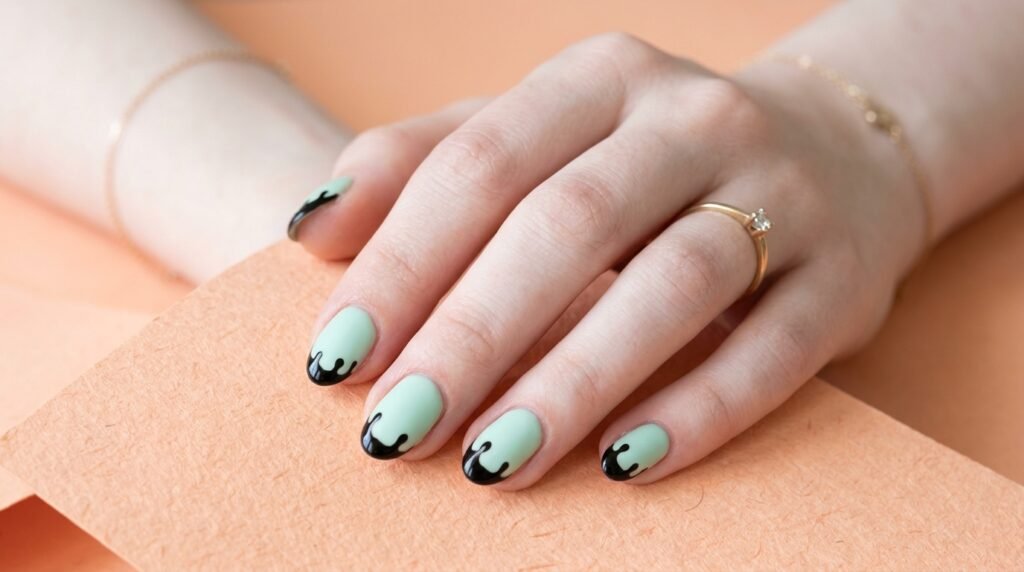 Pastel mint green short almond nails with black drip French tips on an 18-year-old female hand with very white skin.