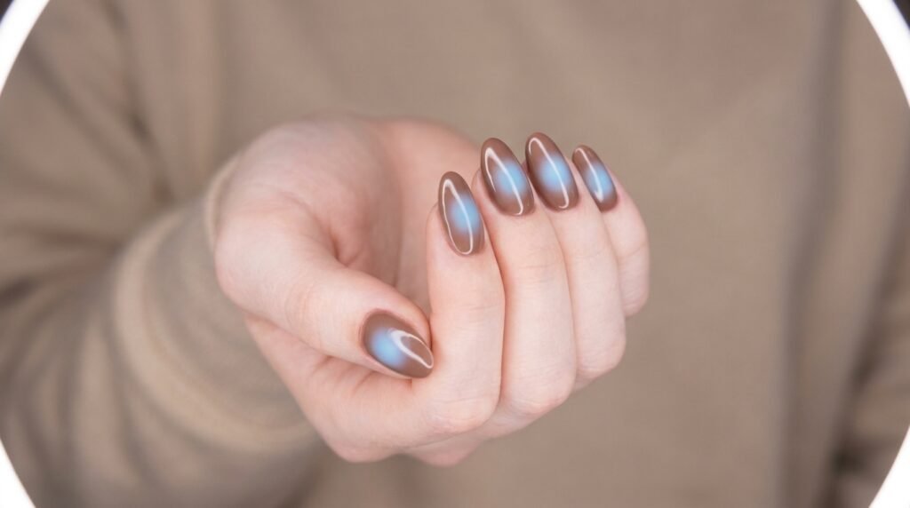 Close-up of medium almond nails on an 18-year-old female hand with very white skin, featuring a mocha brown base and airbrushed baby blue aura centers.